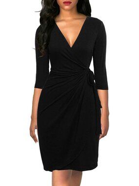 Women's Black 3/4 Sleeve Faux Elegant V Neck Bodycon Midi Knee Wrap Dresses